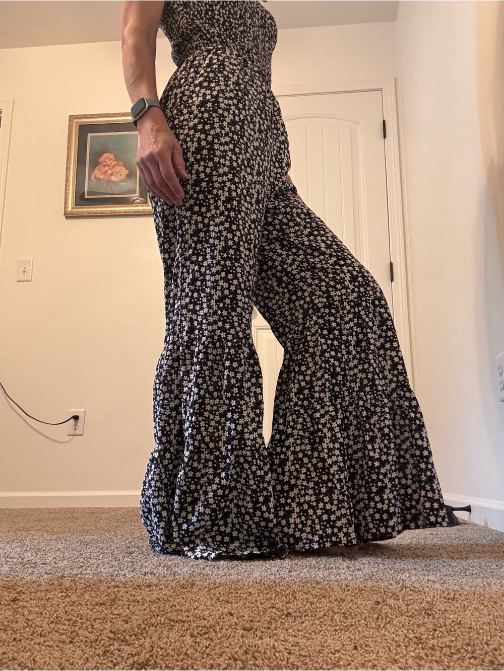 Vintage Black Floral Jumpsuit with White Daisy Print